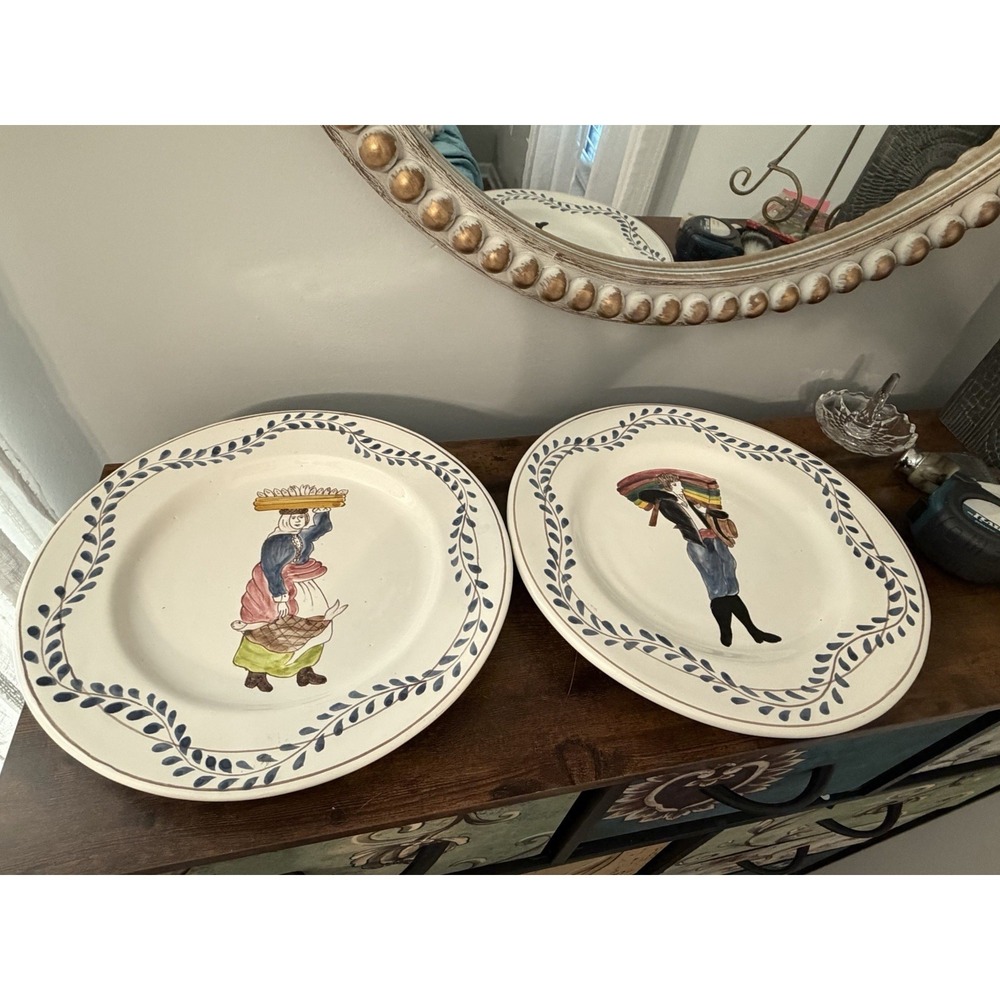Vintage Villa Ceramica Portugal Hand Painted Folk Art Dinner Plates Set 2